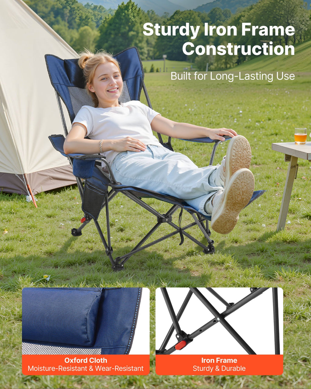 Reclining Camping Chair, 4 Adjustable Positions, Portable Folding Lounger For Adults, Mesh Beach Chair With Headrest & Foot Rest, Supports 220 Lbs, Heavy Duty Camp Chairs For Patio, Blue