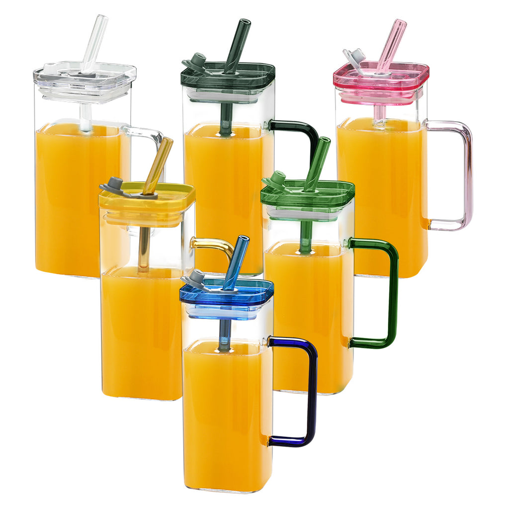 Square Glass Straw Cup with Lid — 6 Colors, Borosilicate Glass