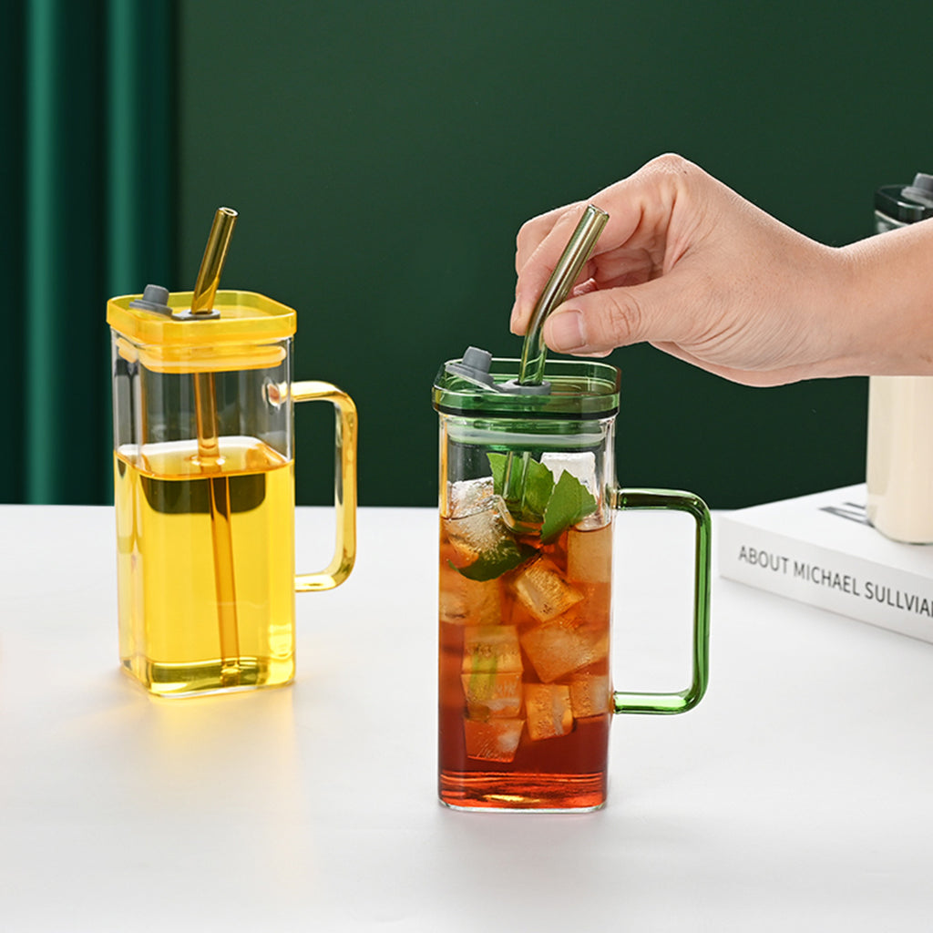 Square Glass Straw Cup with Lid — 6 Colors, Borosilicate Glass