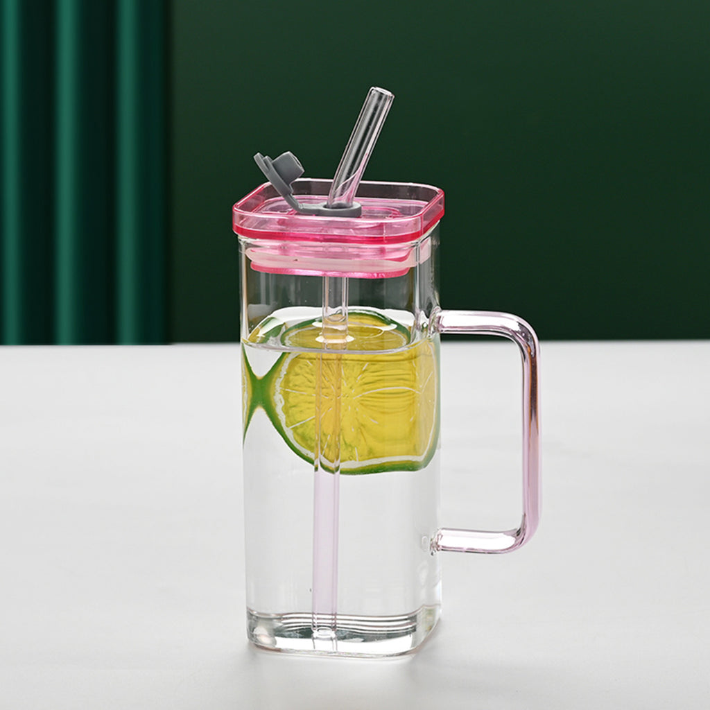Square Glass Straw Cup with Lid — 6 Colors, Borosilicate Glass