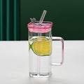 Square Glass Straw Cup with Lid — 6 Colors, Borosilicate Glass