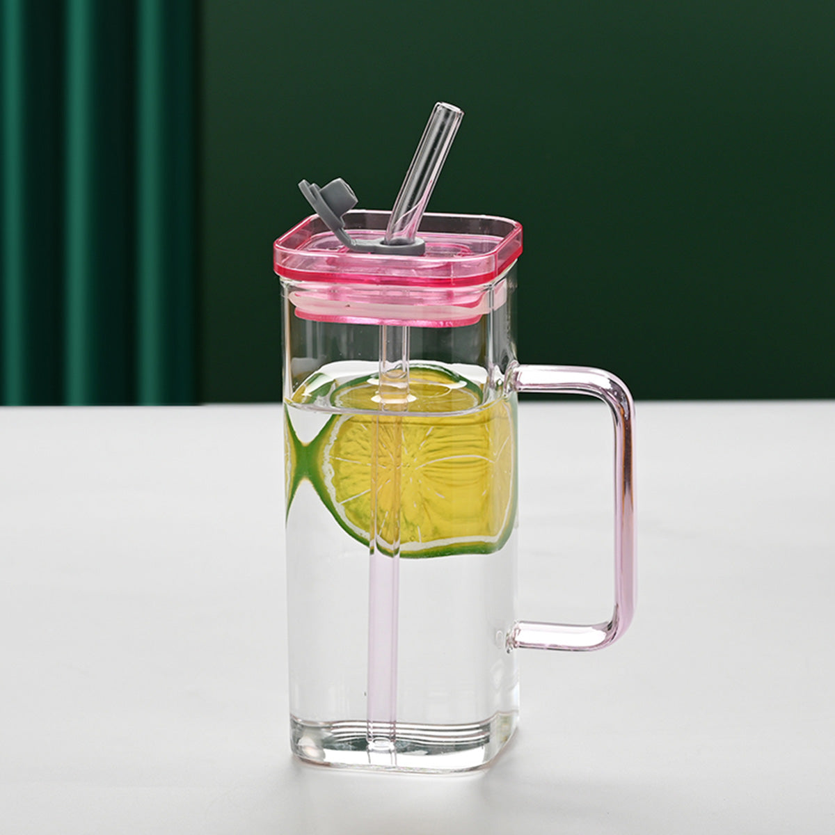 Square Glass Straw Cup with Lid — 6 Colors, Borosilicate Glass
