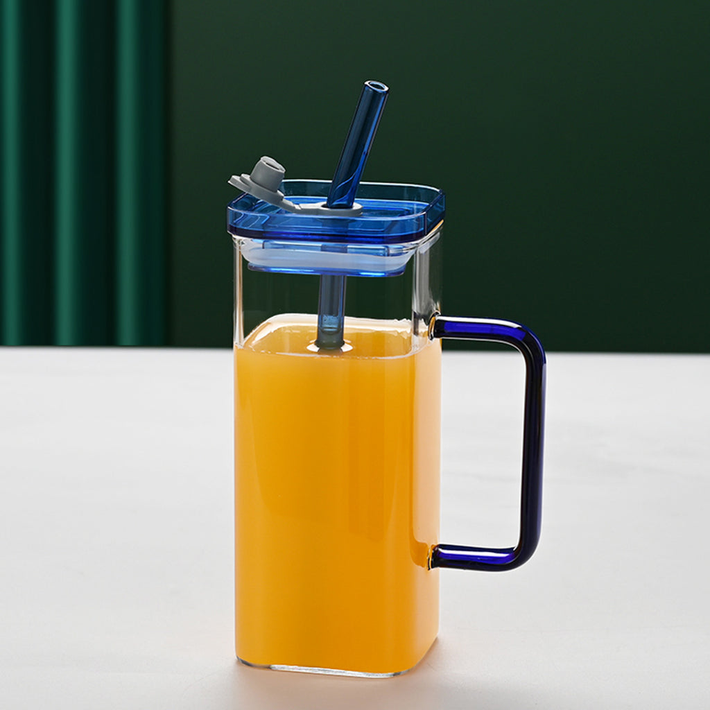 Square Glass Straw Cup with Lid — 6 Colors, Borosilicate Glass