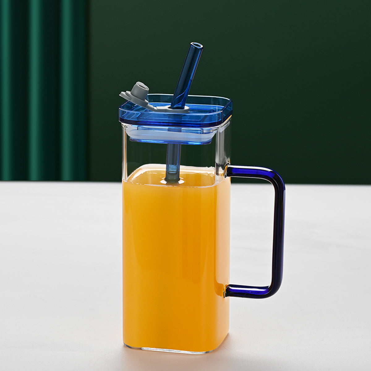 Square Glass Straw Cup with Lid — 6 Colors, Borosilicate Glass