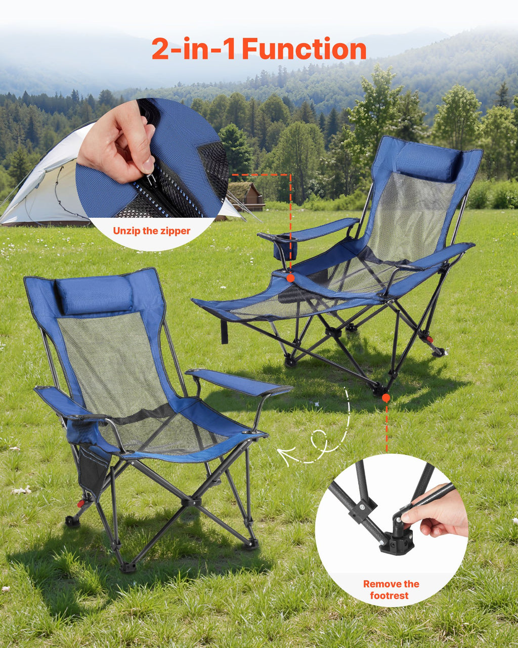 Reclining Camping Chair, 4 Adjustable Positions, Portable Folding Lounger For Adults, Mesh Beach Chair With Headrest & Foot Rest, Supports 220 Lbs, Heavy Duty Camp Chairs For Patio, Blue