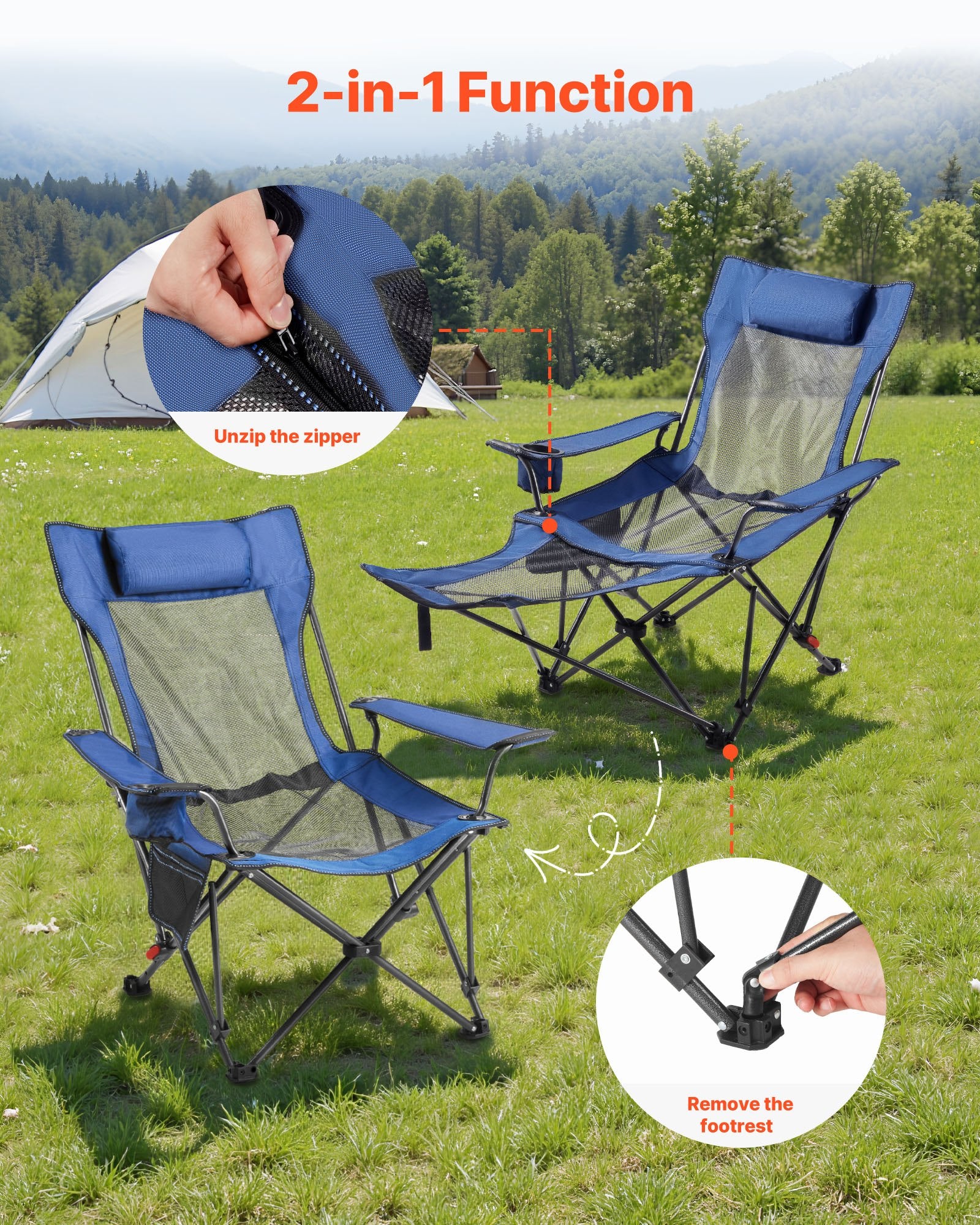 Reclining Camping Chair, 4 Adjustable Positions, Portable Folding Lounger For Adults, Mesh Beach Chair With Headrest & Foot Rest, Supports 220 Lbs, Heavy Duty Camp Chairs For Patio, Blue