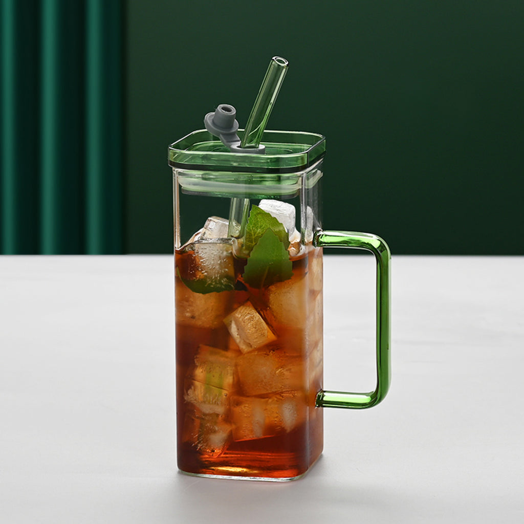 Square Glass Straw Cup with Lid — 6 Colors, Borosilicate Glass
