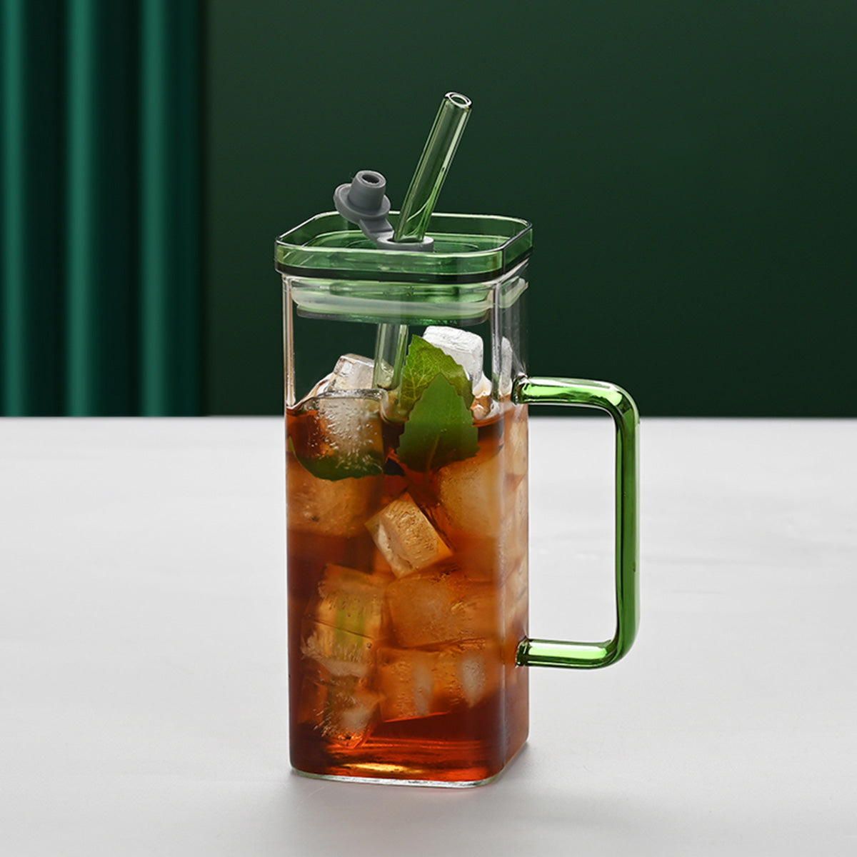 Square Glass Straw Cup with Lid — 6 Colors, Borosilicate Glass