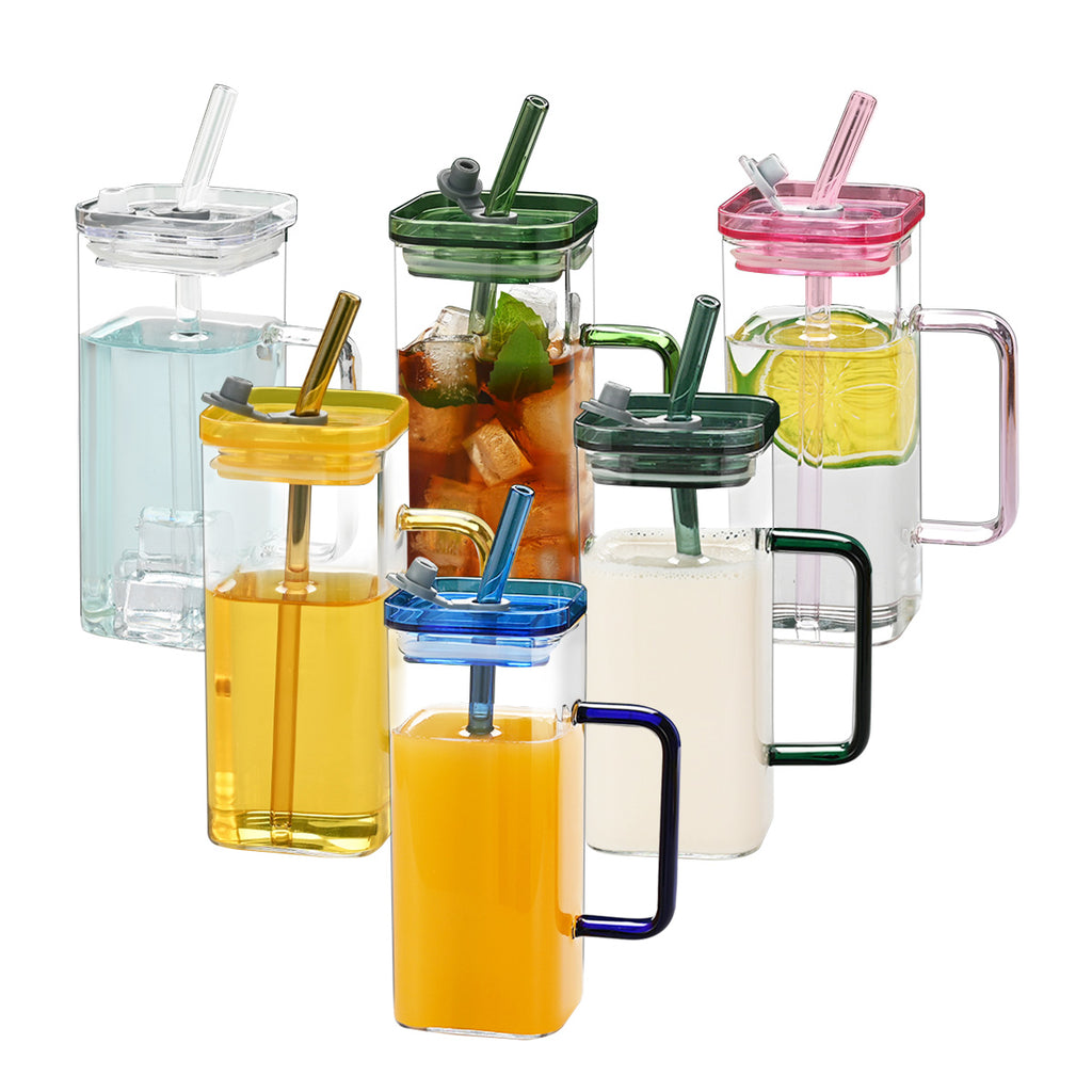 Square Glass Straw Cup with Lid — 6 Colors, Borosilicate Glass