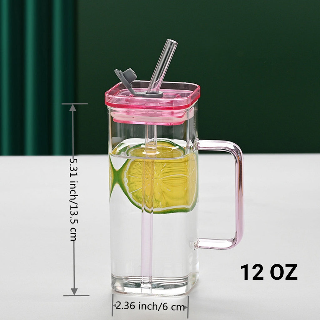 Square Glass Straw Cup with Lid — 6 Colors, Borosilicate Glass