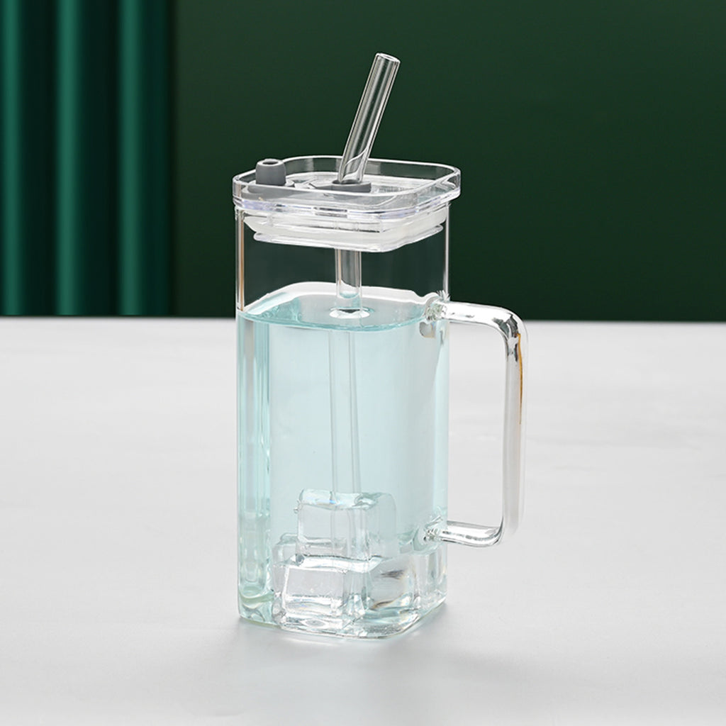 Square Glass Straw Cup with Lid — 6 Colors, Borosilicate Glass