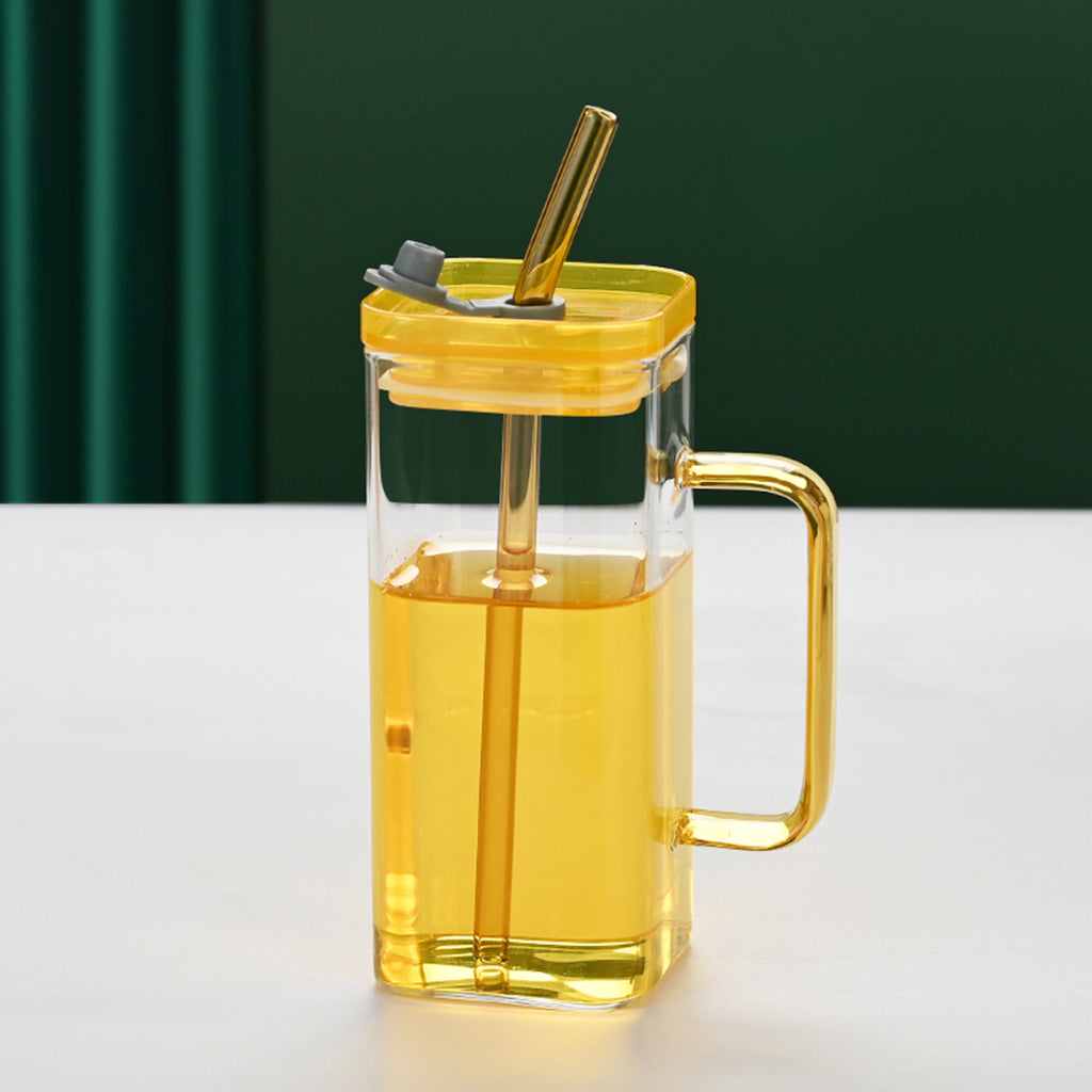 Square Glass Straw Cup with Lid — 6 Colors, Borosilicate Glass